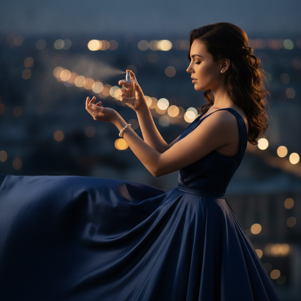 Woman applying a luxury perfume for women before an evening event—testing the dry-down on skin