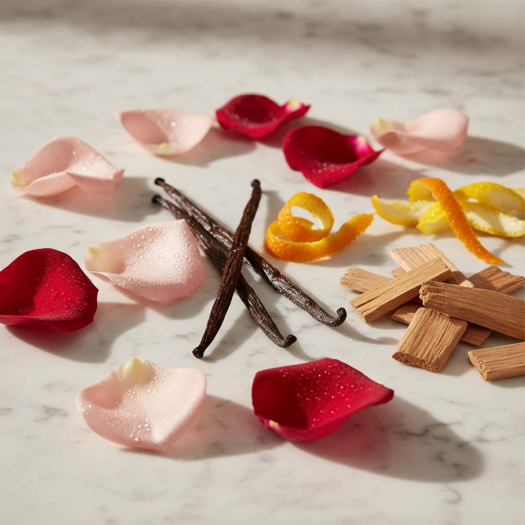 Close-up of rose, vanilla, sandalwood, and citrus accords—core note families in luxury perfume for women