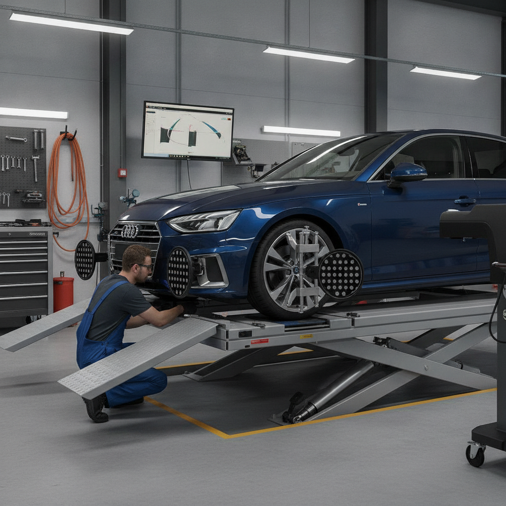 Wheel alignment rack verification at an ICBC Platinum Partner auto body shop in Burnaby