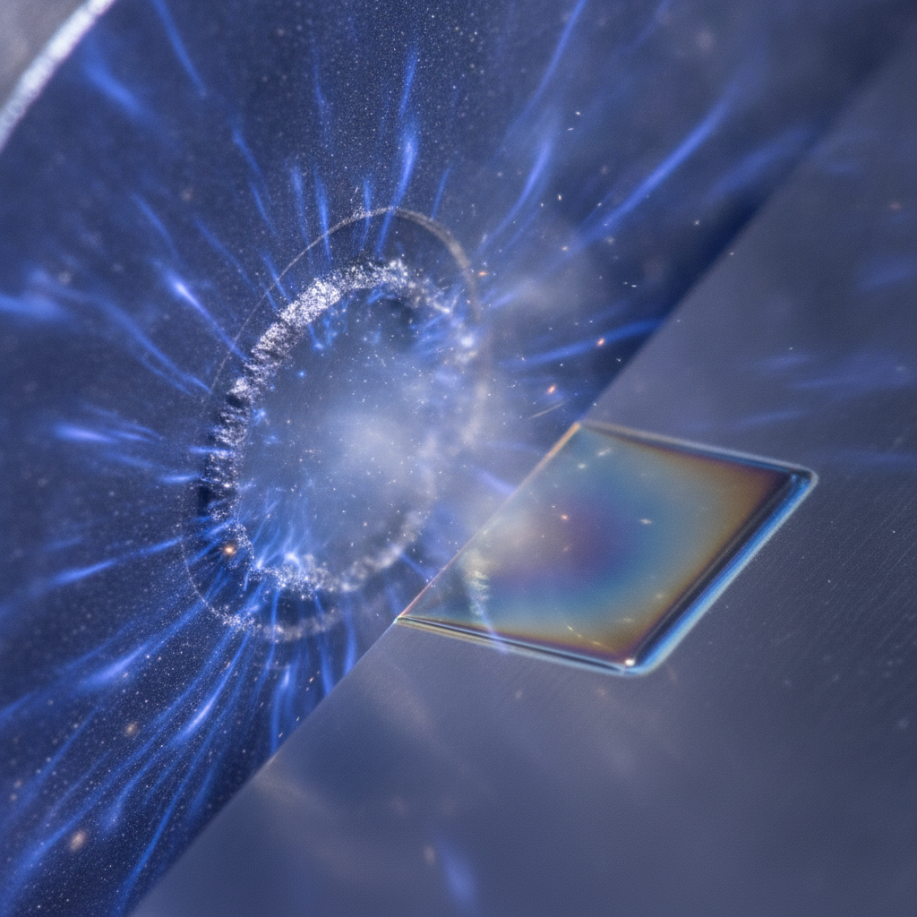 Close-up of sputtering PVD: argon plasma at a titanium target depositing atoms onto a rotating steel coupon