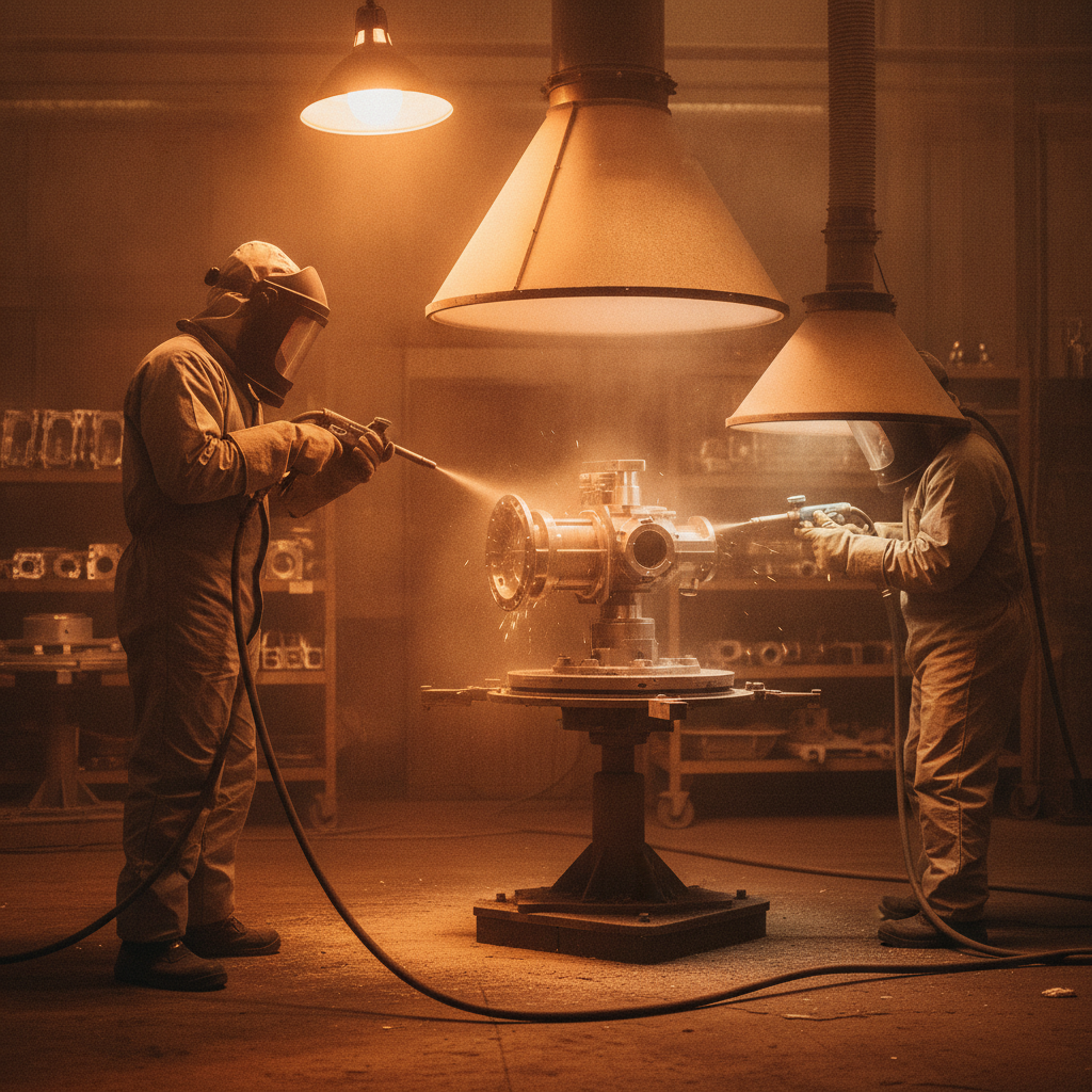 Factory prep area in Woodbridge showing sandblasting and microblasting before PVD coating to improve adhesion