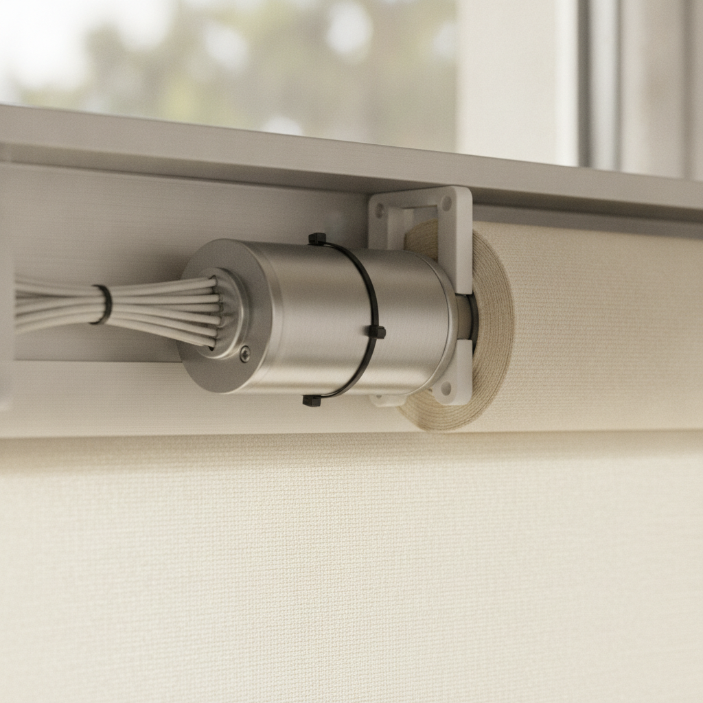 Close-up of a custom motorized blind headrail with a quiet tubular motor and concealed wiring for a clean finish