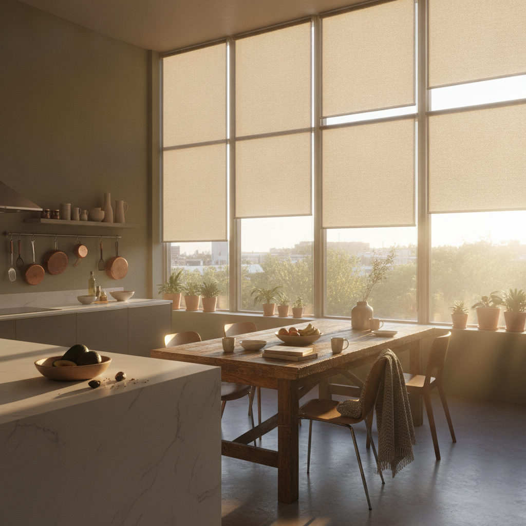 Kitchen-dining space in a Brampton home where automated shades sit at staggered heights, showing scheduled control with warm evening light