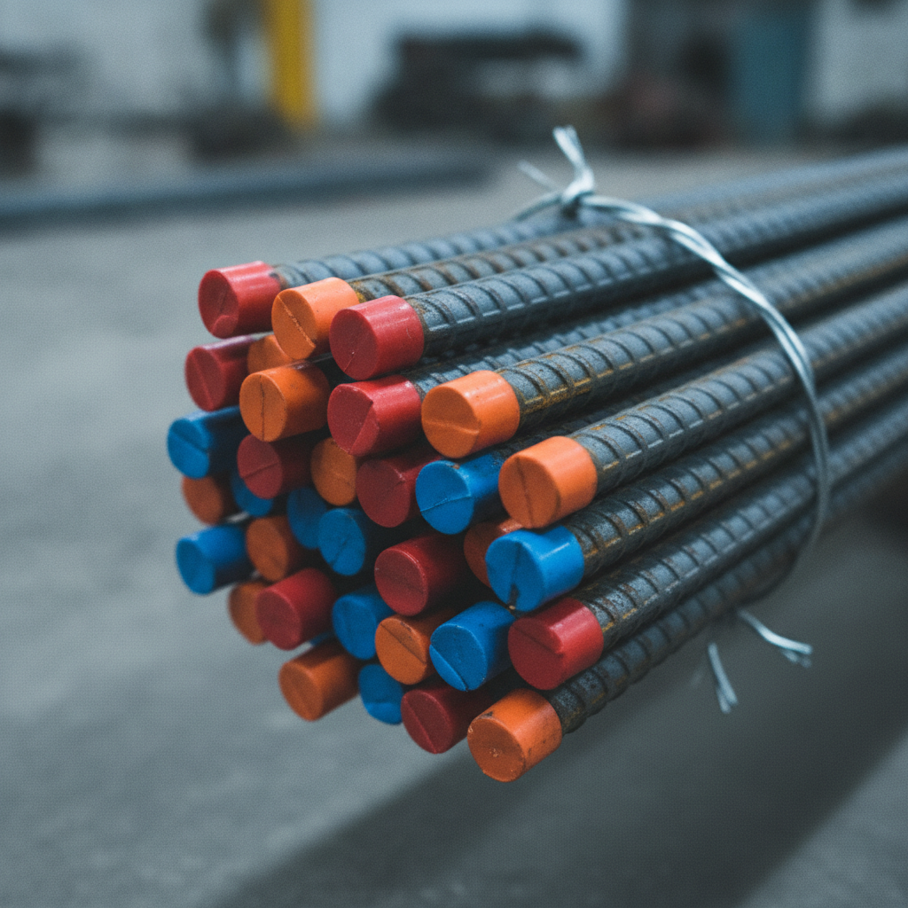 Close-up of ribbed reo steel rebar bundle tied and capped, showing Ontario-grade reinforcing steel texture