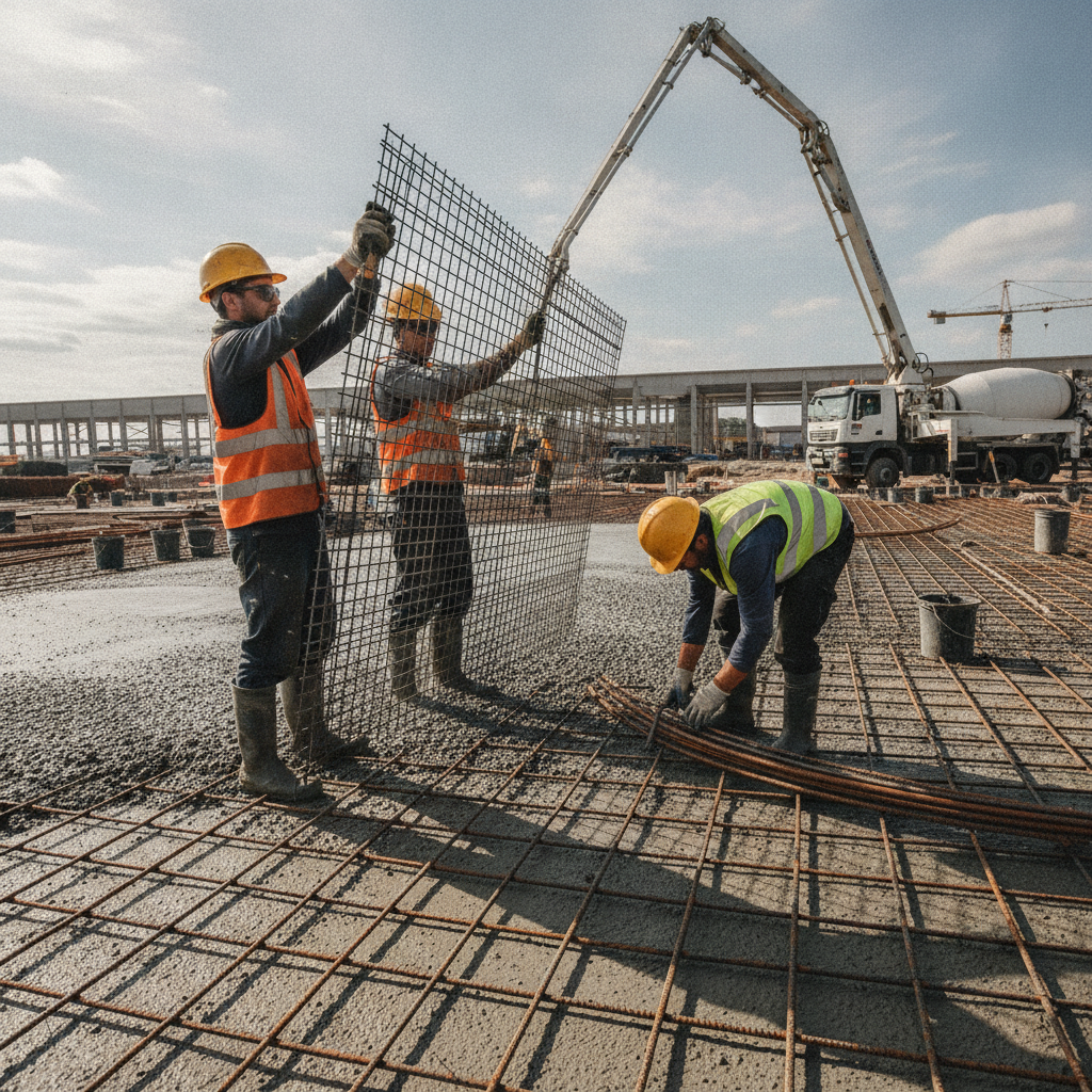 Construction crew placing welded wire mesh and 15m reo steel bars on a Woodbridge jobsite