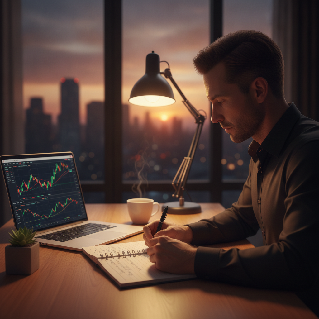 Trader writing a trade plan next to charts to apply free trading signals with discipline