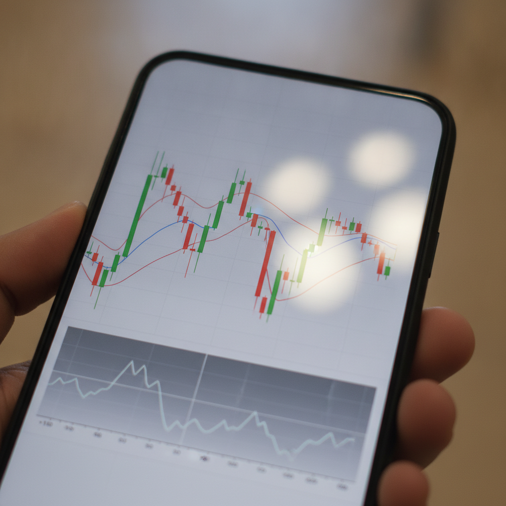 Close-up candlestick chart with RSI and moving averages confirming free trading signals