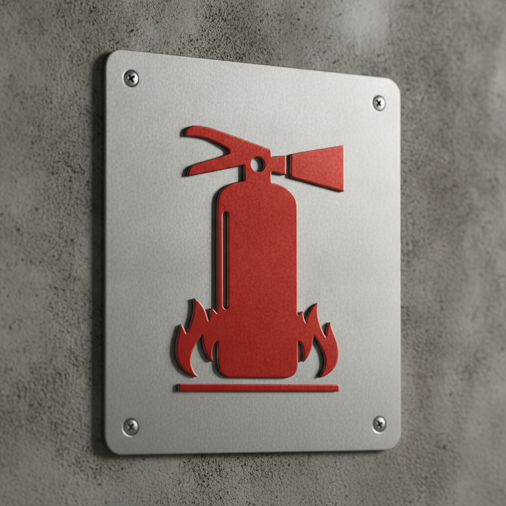 Close-up fire safety sign symbol on wall, used for extinguisher identification in USA facilities