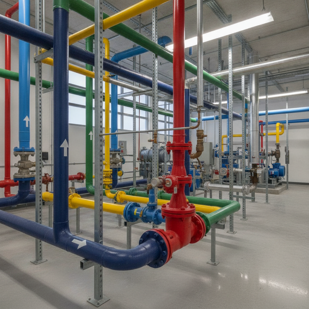 Mechanical room with color-coded pipe markers and arrow tape guiding to a fire suppression riser