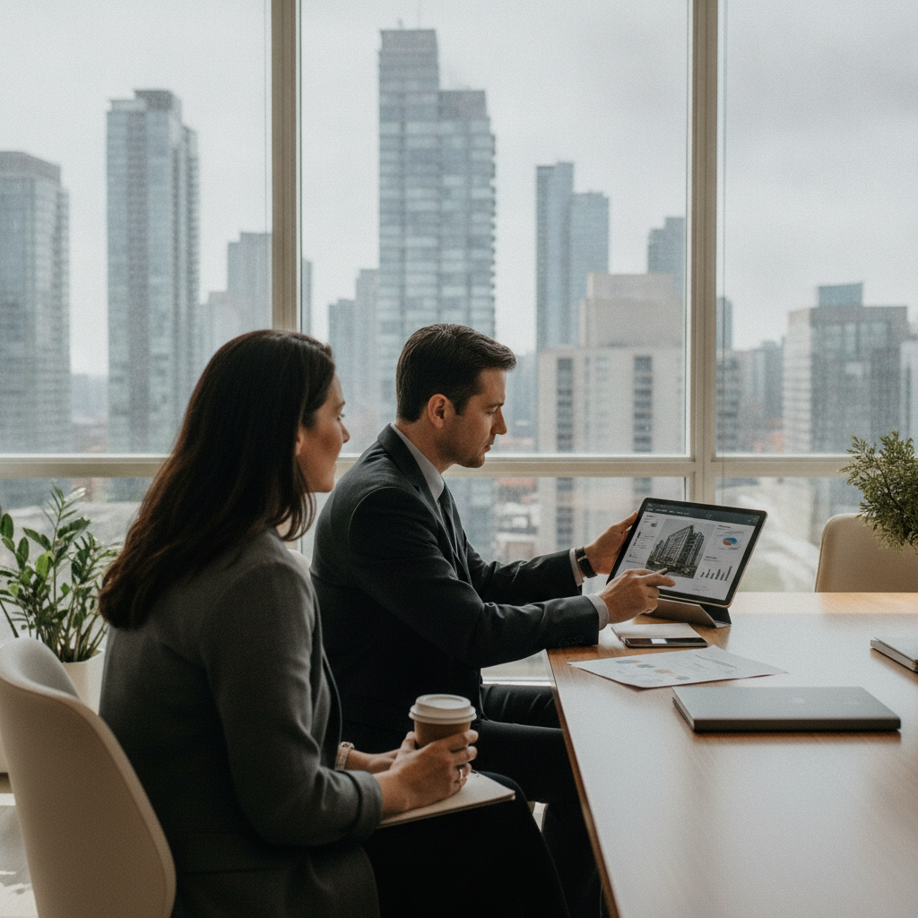 Toronto buyers meeting a real estate agent in a bright office to review condo deposit documents on a tablet