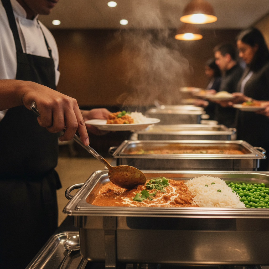 Chef plating a halal-friendly South Asian entree for a corporate buffet in Mississauga