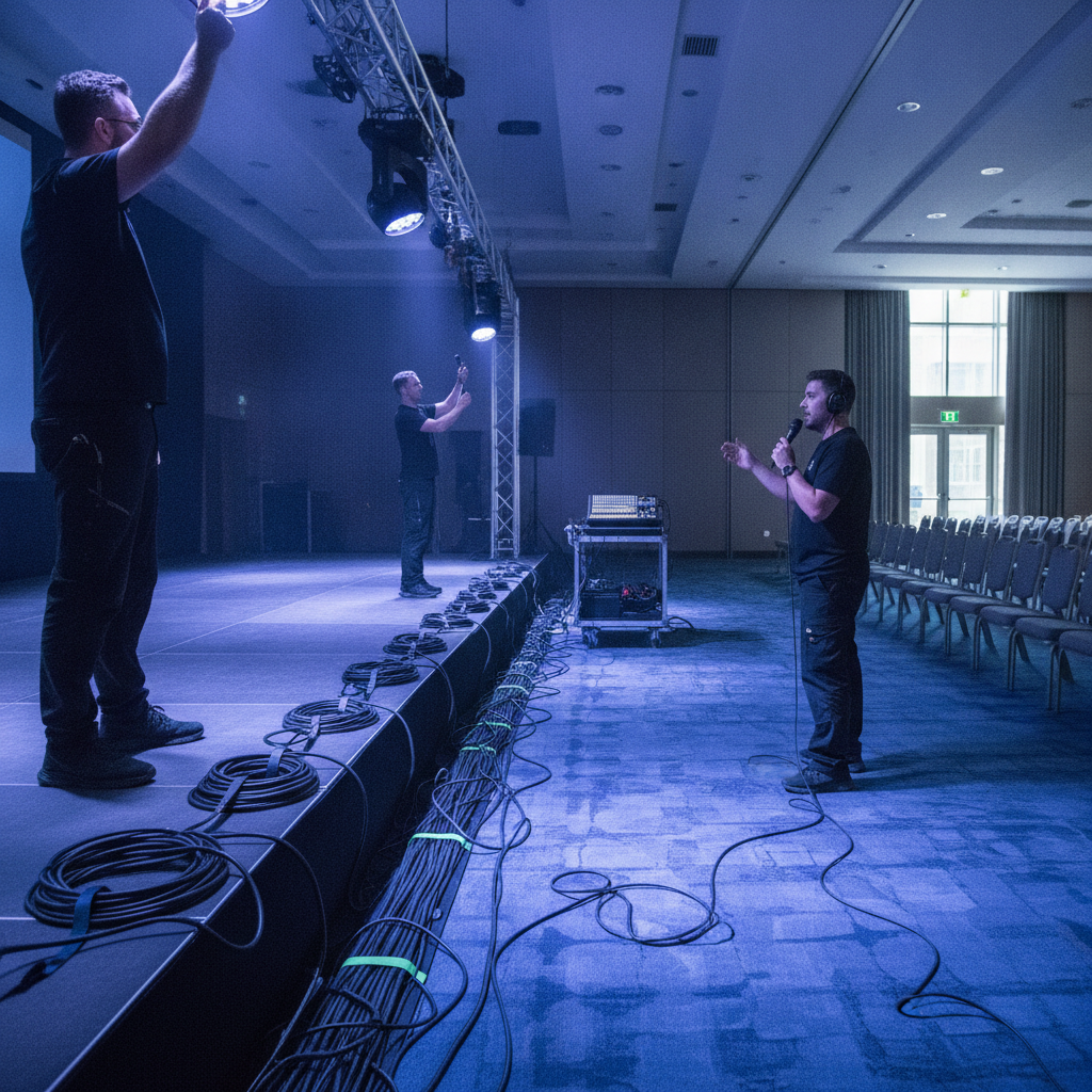 AV crew testing microphones and stage lighting during event load-in at a Mississauga meeting venue