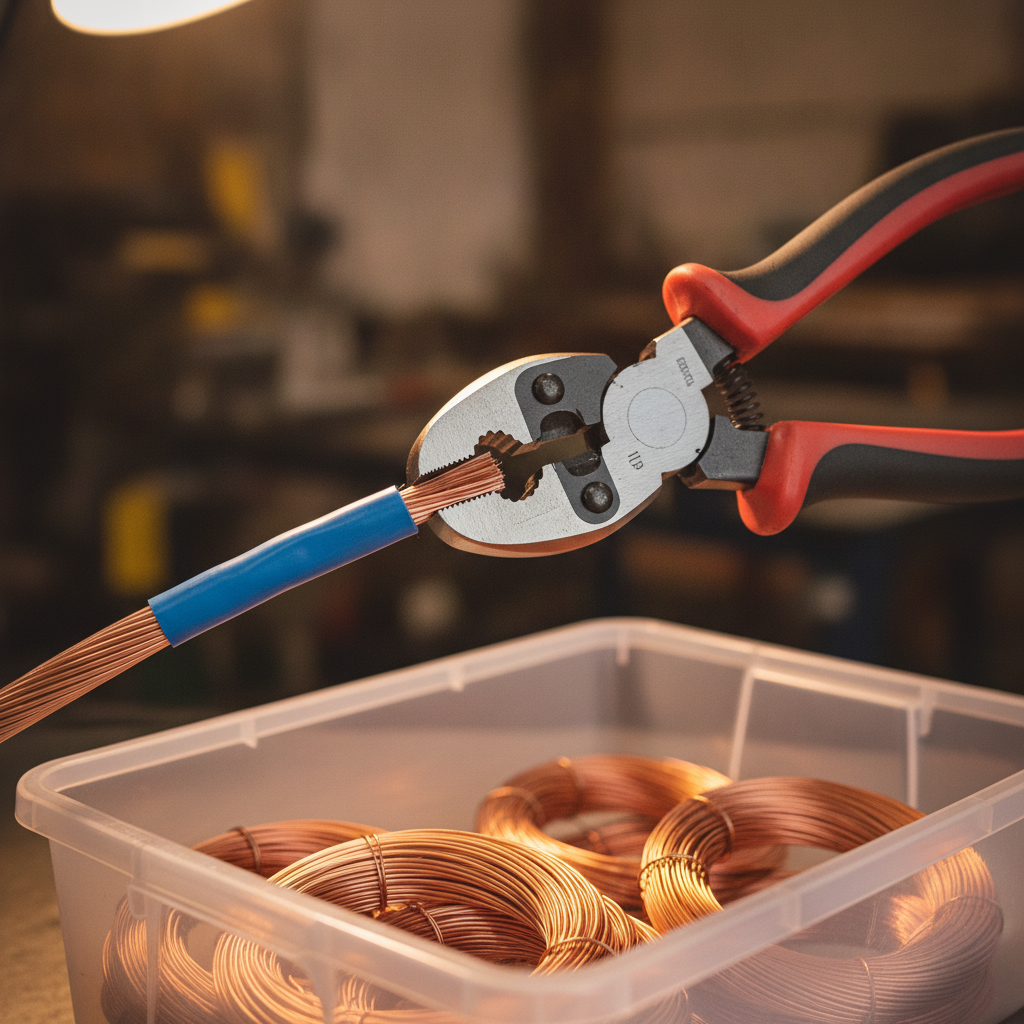 Close-up stripping thick copper cable with a manual wire stripper for copper cable recycling prep