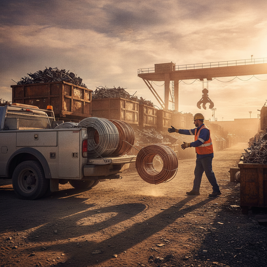 Pickup truck unloading coiled electrical cables at an Etobicoke scrap yard, staff guiding at the bin area
