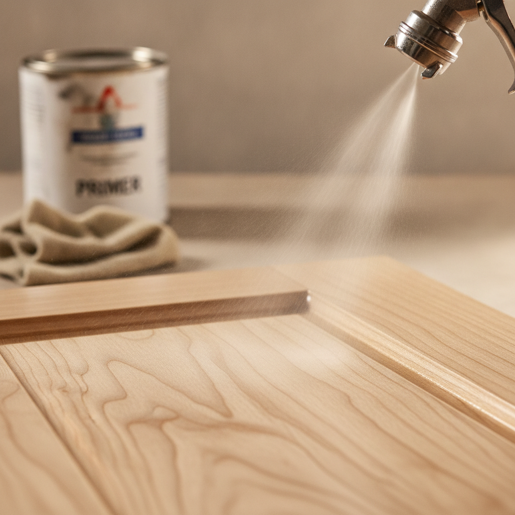 Close-up HVLP spray applying an even coat on a maple cabinet door during a Toronto kitchen cabinet painting process