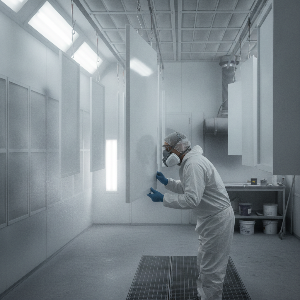 Cabinet doors hanging to cure in a controlled spray booth to manage Toronto humidity and protect finish quality