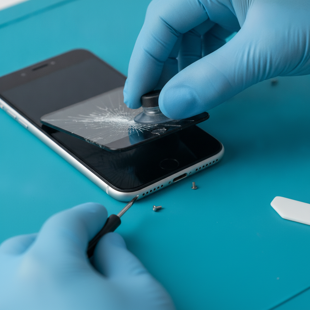 Close-up of cracked iPhone screen being lifted with proper tools during same-day repair in Southview