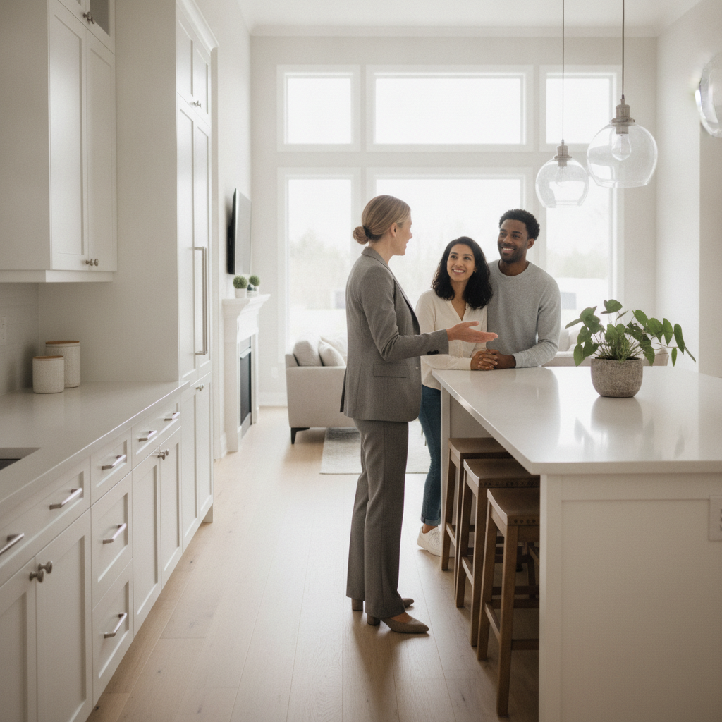 Realtor guiding buyers through a bright Kitchener kitchen during a home tour
