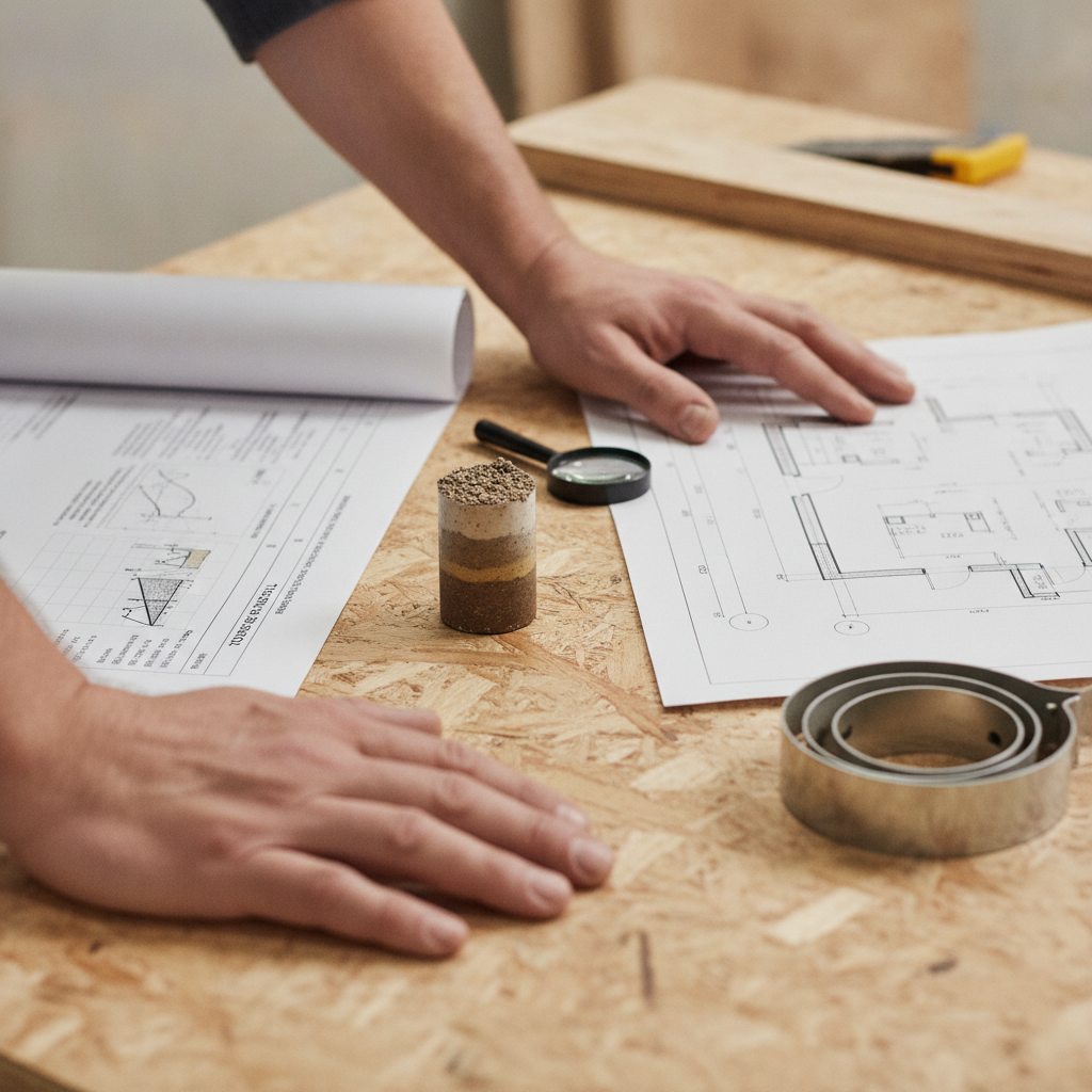 Close-up of soil report and foundation plans guiding the cost to knock down and rebuild a house through site-aware planning