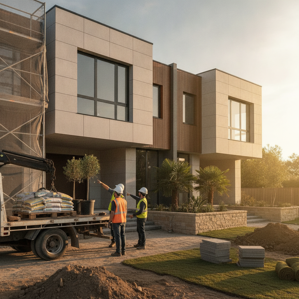 Modern duplex façade nearing completion during a knockdown‑rebuild, demonstrating shared efficiencies and crafted finish quality