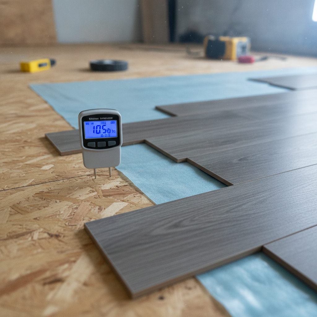 Moisture meter reading on plywood subfloor beside vapor barrier underlayment for Edmonton flooring installation