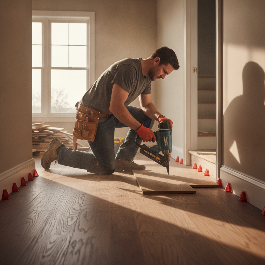 Contractor using a flooring nailer to install hardwood on a stair landing in an Edmonton home