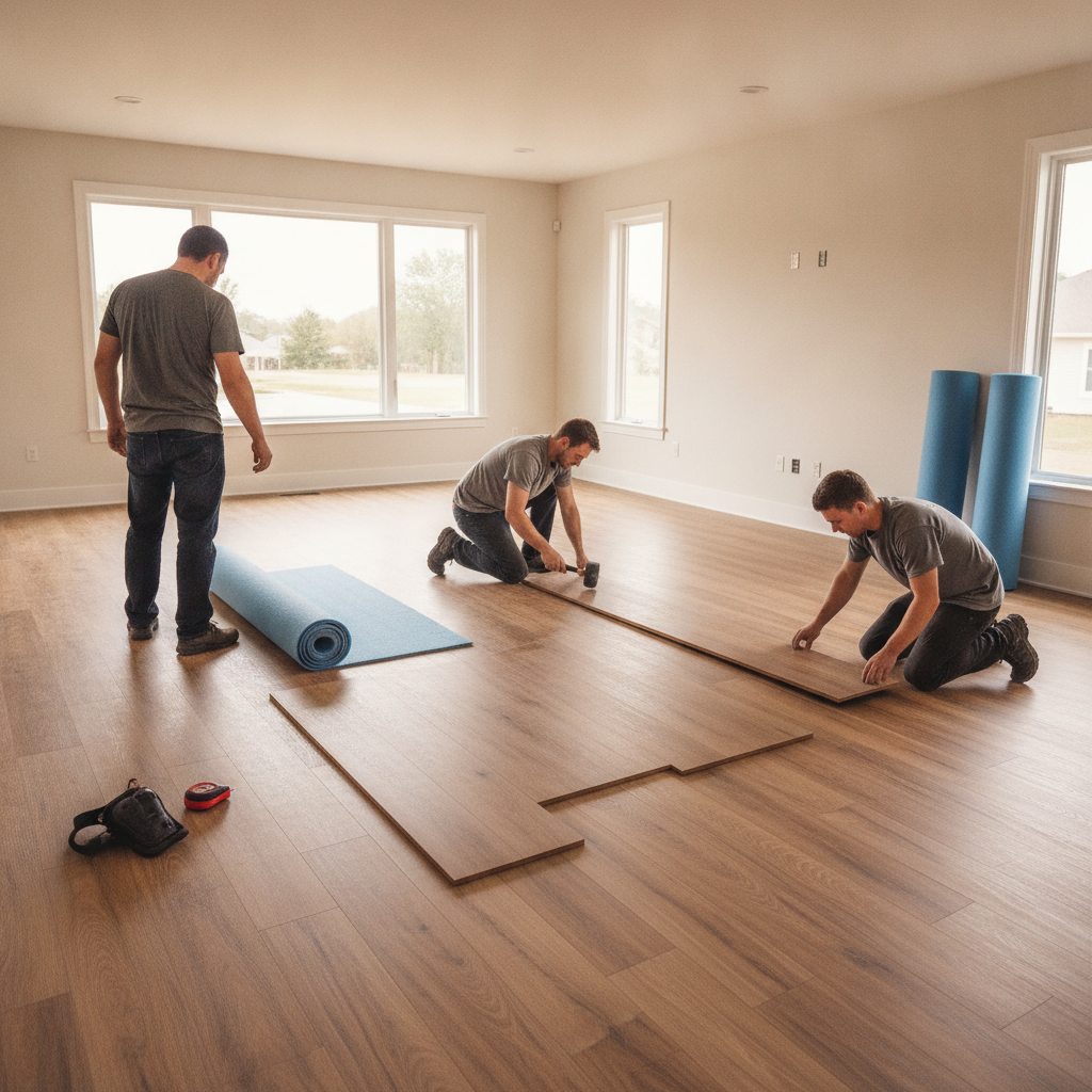 Wide shot of professional crew installing luxury vinyl plank flooring in an Edmonton living room