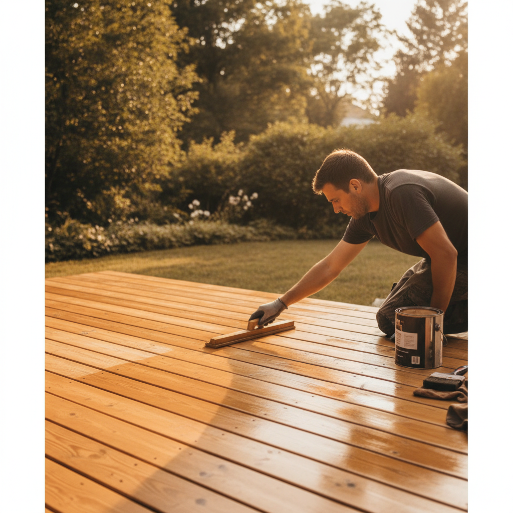 Deck sanding and staining in progress with warm UV-protective finish applied by a professional in Milton