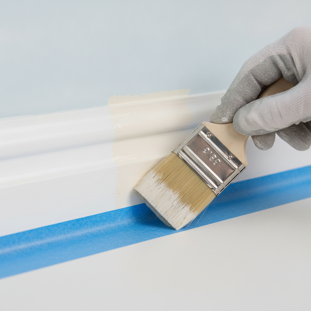 Close-up of professional interior home painting cut-in along trim with smooth, clean lines and ZERO VOC paint