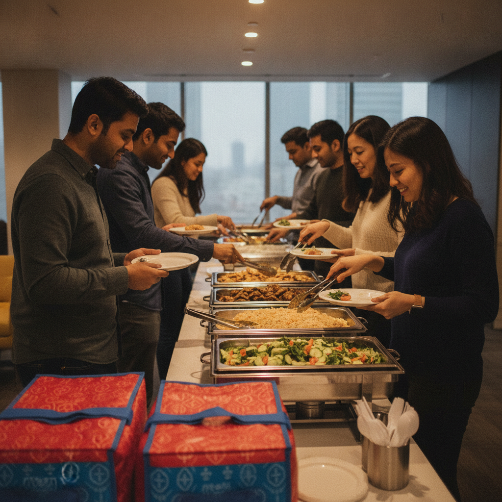 Office buffet line with shawarma trays, warm pita, rice, and salads in a downtown Toronto workspace
