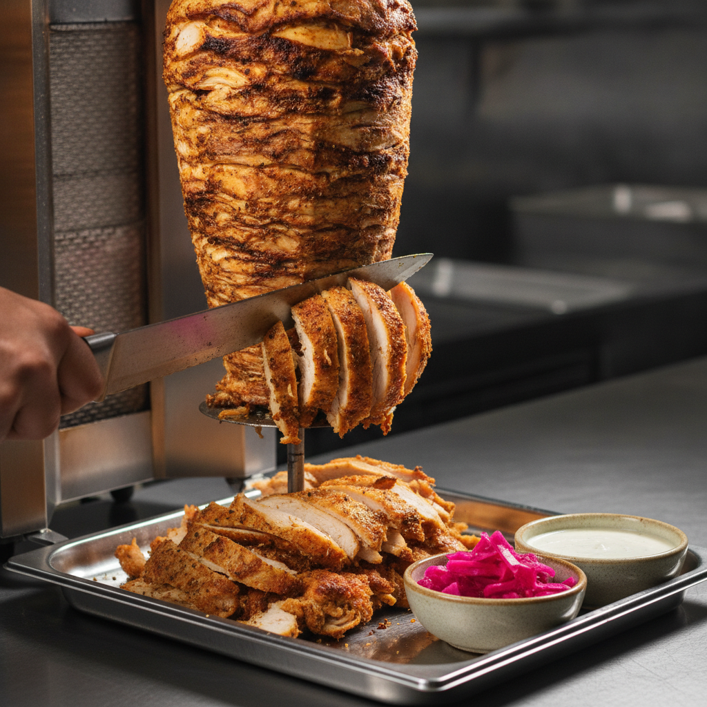 Close-up of crispy, spit-carved chicken shawarma with charred edges and garlic sauce for Toronto team lunch catering