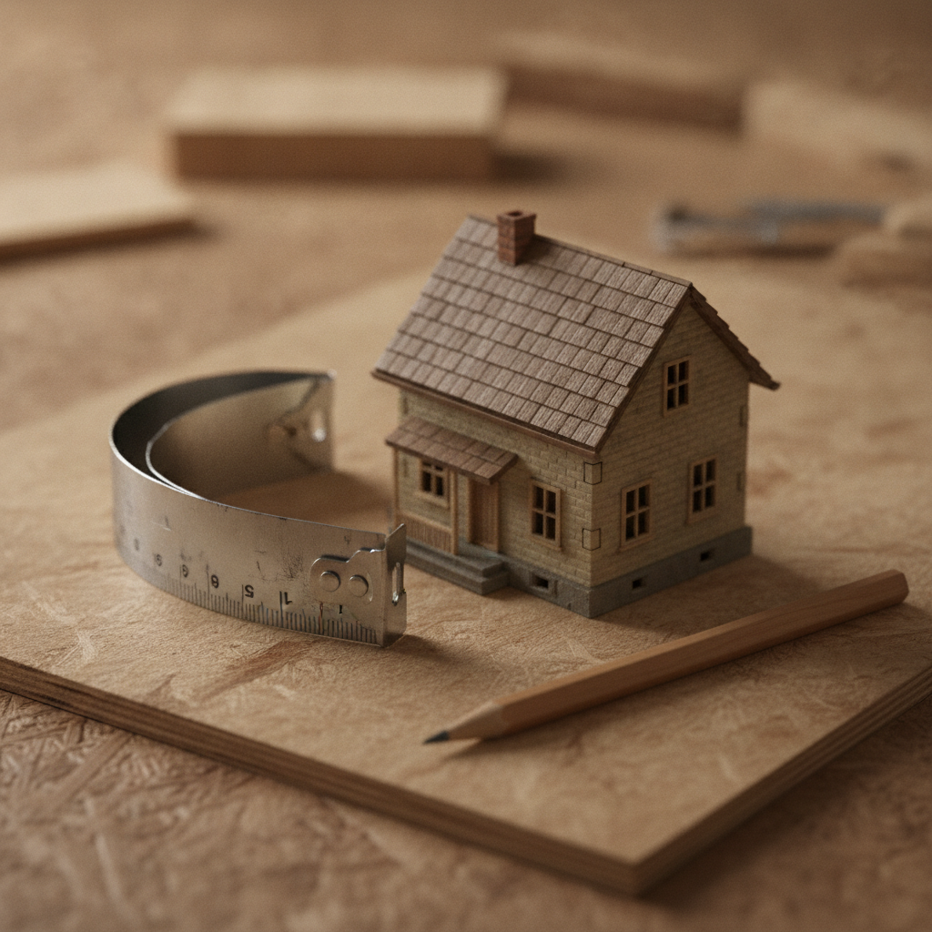 House model and tape measure illustrating a home loan comparison guide for builders and staged construction draws