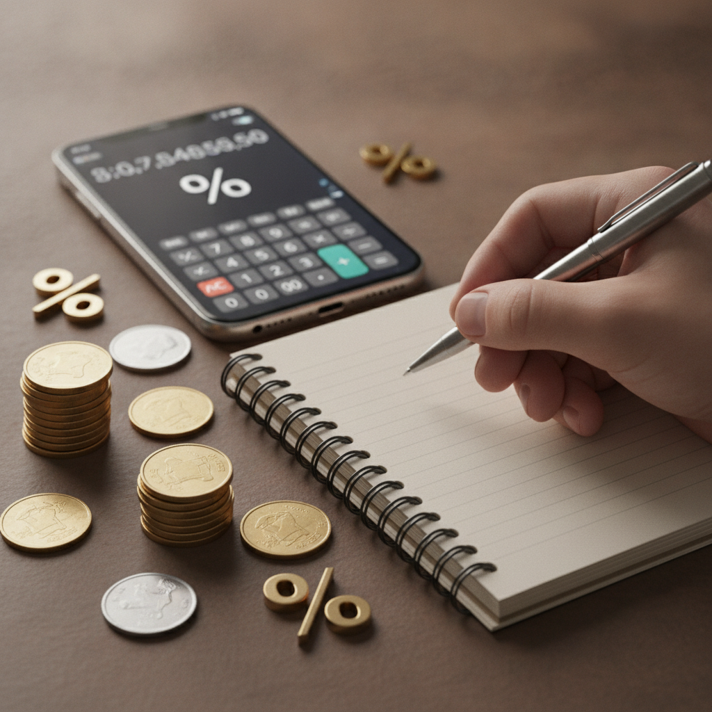 Close-up of smartphone calculator estimating home loan repayments with coins and notepad