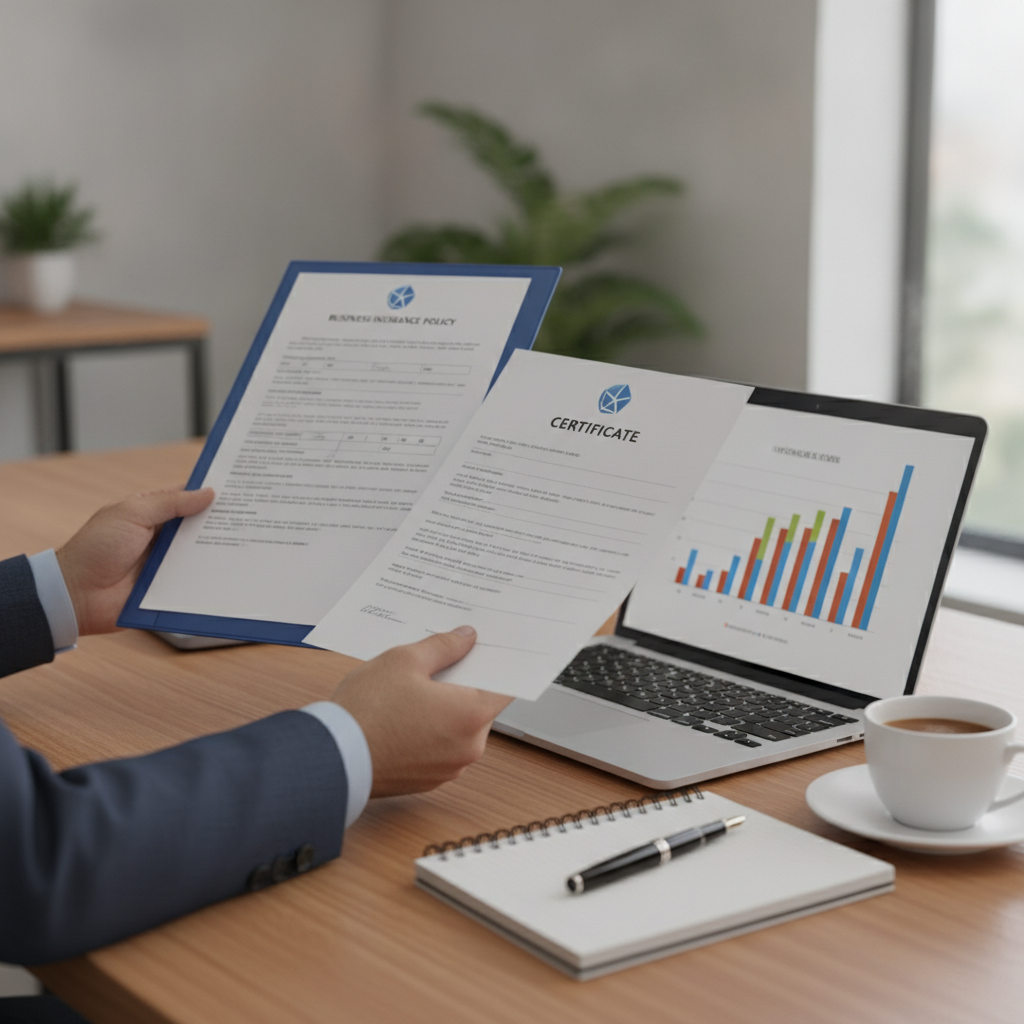 Detail view comparing a business insurance policy and certificate beside a laptop, illustrating Ontario commercial coverage documentation