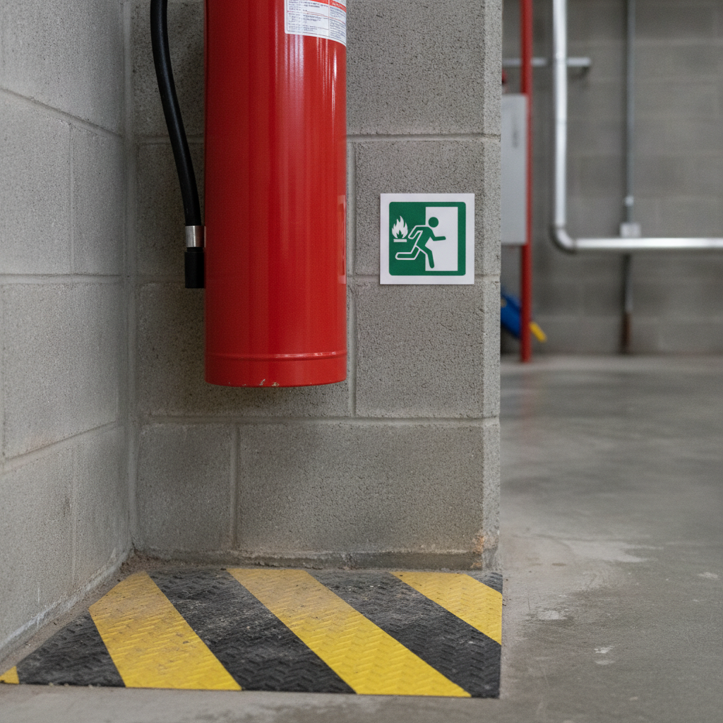 Close-up of fire extinguisher with adjacent safety symbol and hazard striping for fire and safety signs training