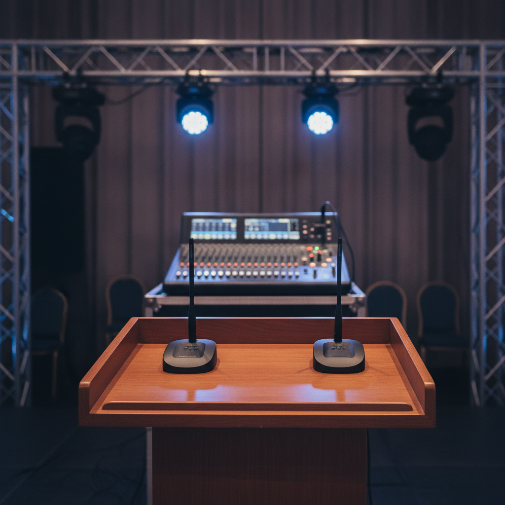 Professional AV setup with microphones, mixer, lighting for corporate conferences in Mississauga