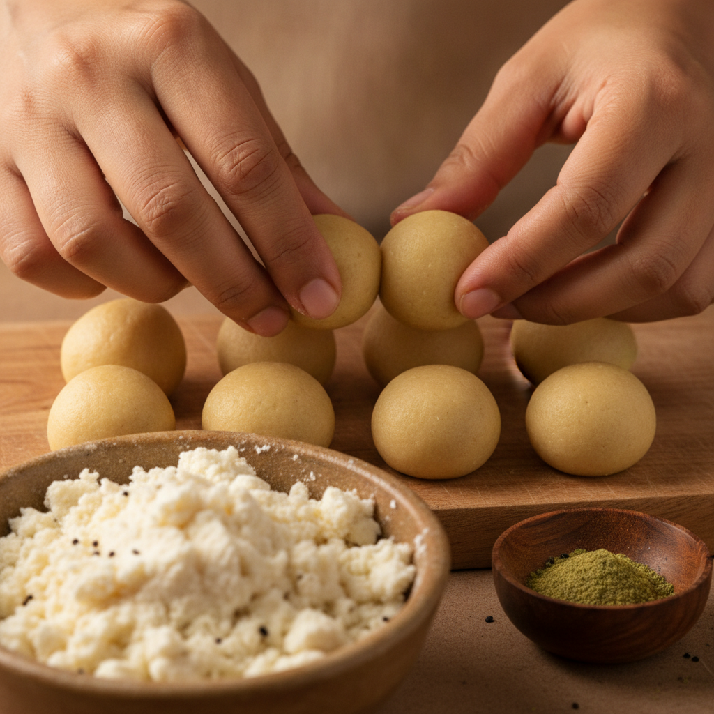 Close-up of hands rolling mawa dough for authentic mawa gulab jamun at a Brampton mithai shop