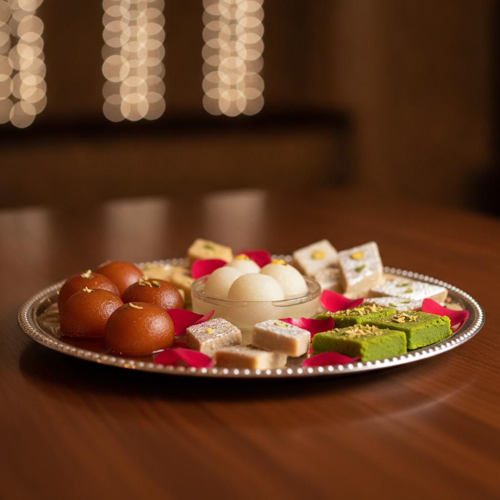 Catering platter with mawa gulab jamun, rasgulla, kaju katli, and pista barfi for Brampton events