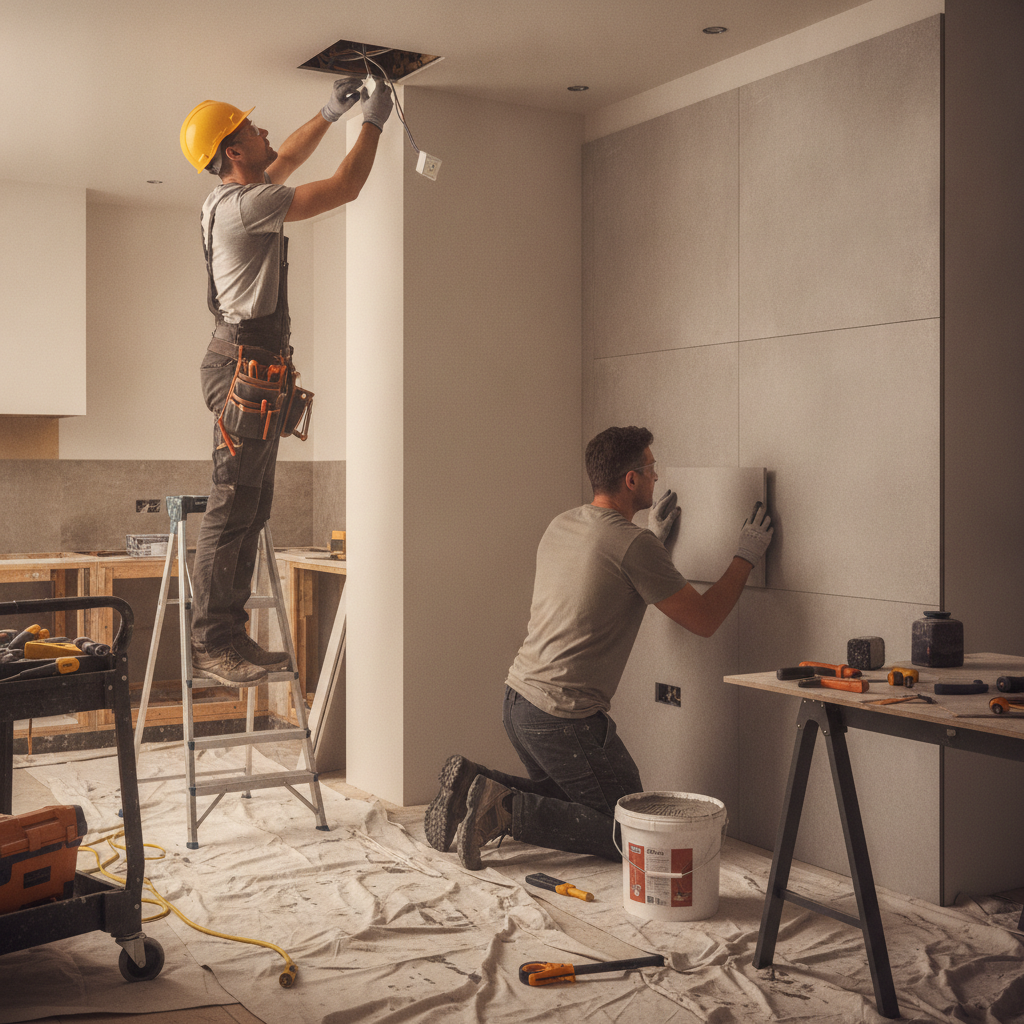 Recessed lighting upgrades and backsplash setting during SSJ Edmonton kitchen renovation