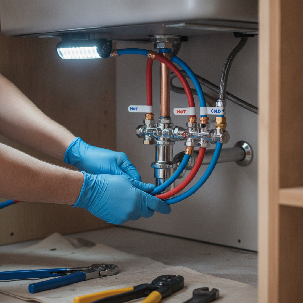 Close-up of licensed plumber installing PEX and shutoff valves during an SSJ kitchen remodel in The Meadows, Edmonton