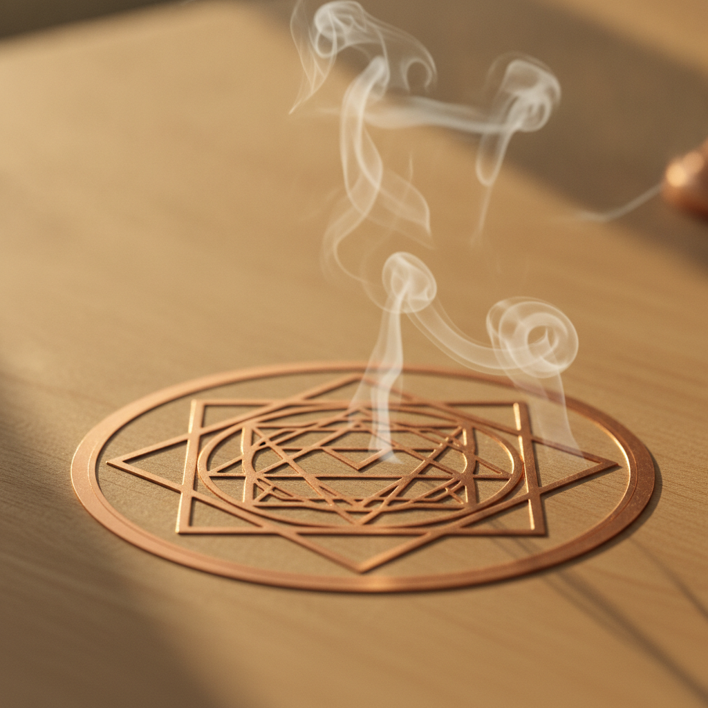 Close-up of a copper Shri Yantra for home positivity with morning light highlighting clean geometry