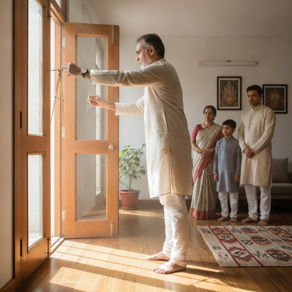 World Astro consultant checking compass direction during a Brampton Vaastu home visit