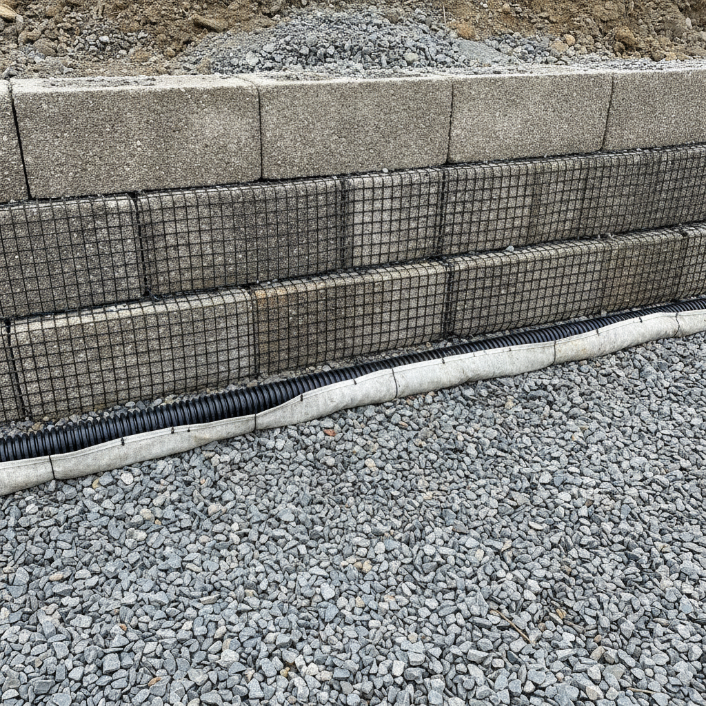 Retaining wall construction detail in Mississauga showing compacted gravel base, 100 mm perforated drain with sock, and geogrid layers