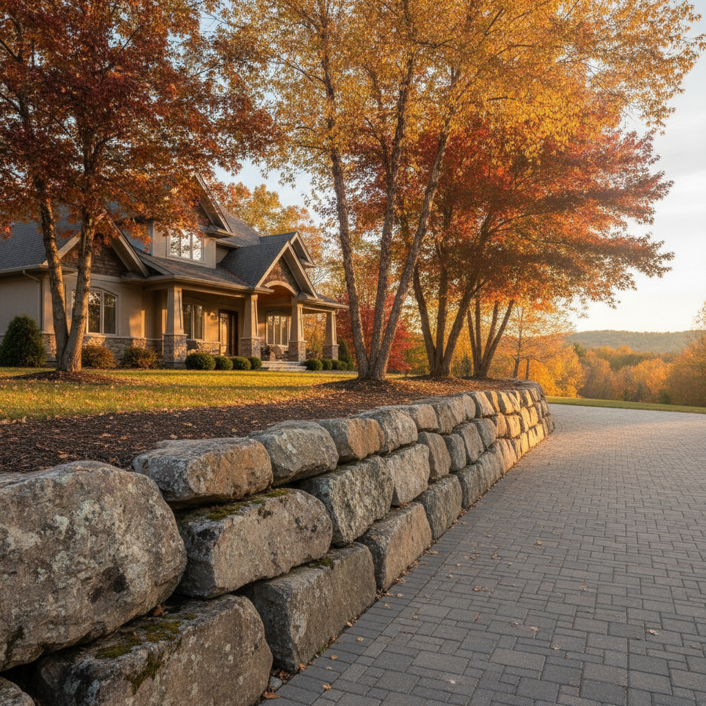 Armour stone retaining wall along a Mississauga driveway with fall color and mature trees
