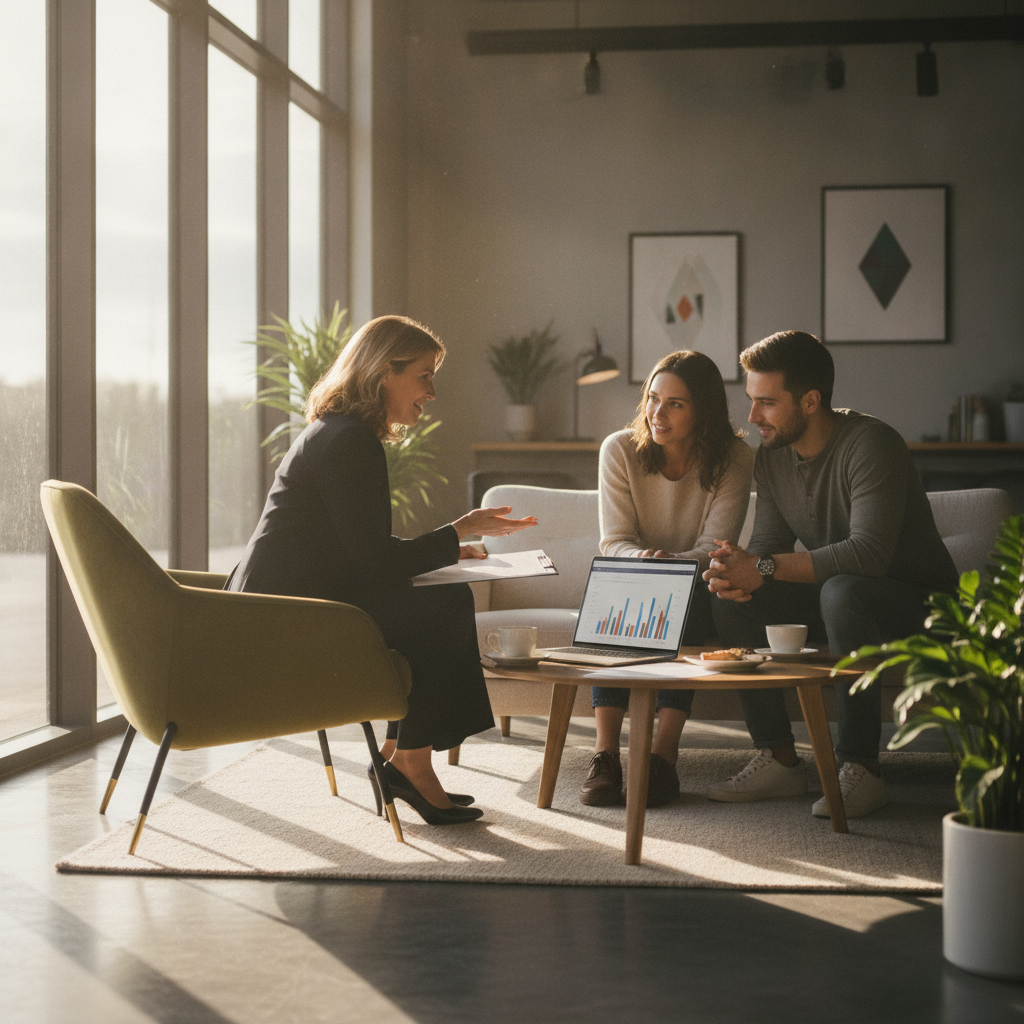 Mortgage broker meeting clients to compare refinance options across a panel of 45+ lenders and avoid refinancing mistakes