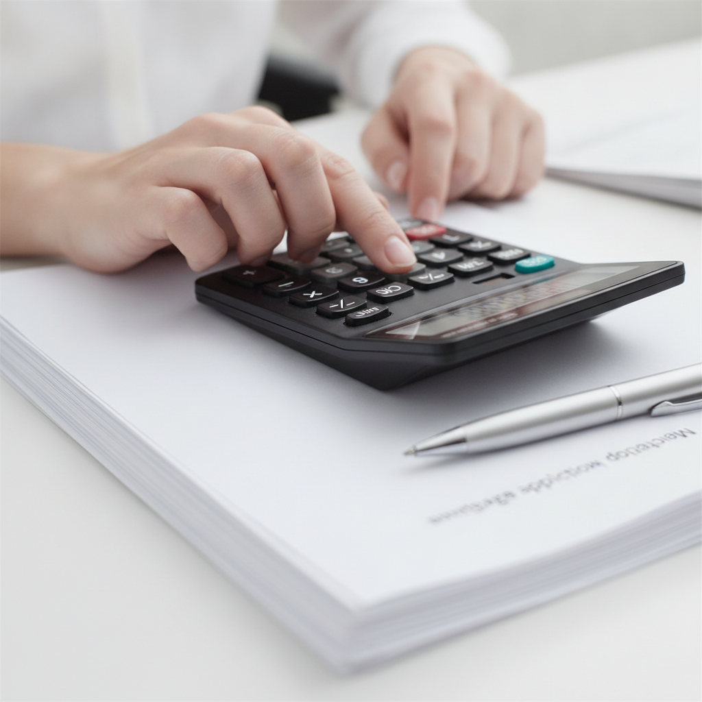 Calculator beside refinance paperwork to compare rates, comparison rates, and fees—key checks for refinancing mistakes to avoid