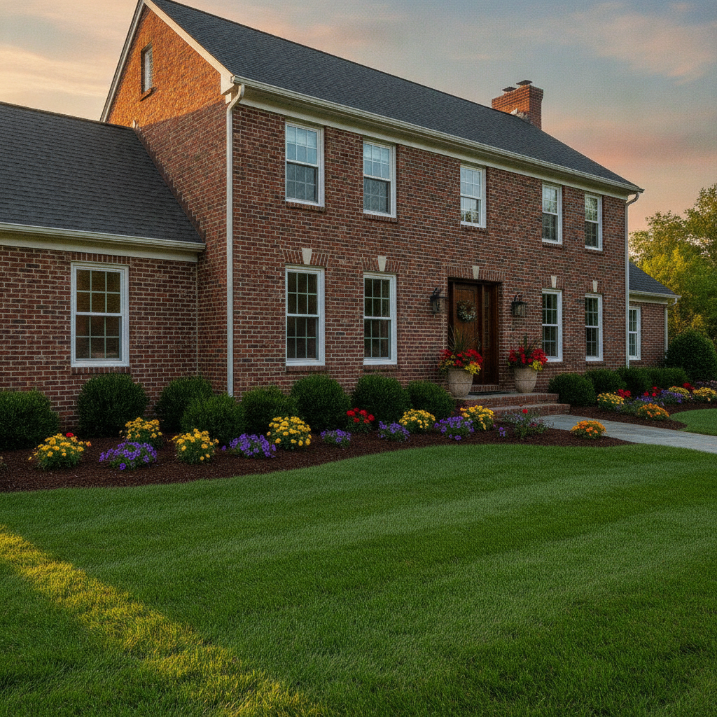 Brampton curb appeal before listing: trimmed lawn, fresh mulch, clean walkway, and welcoming planters at the entry