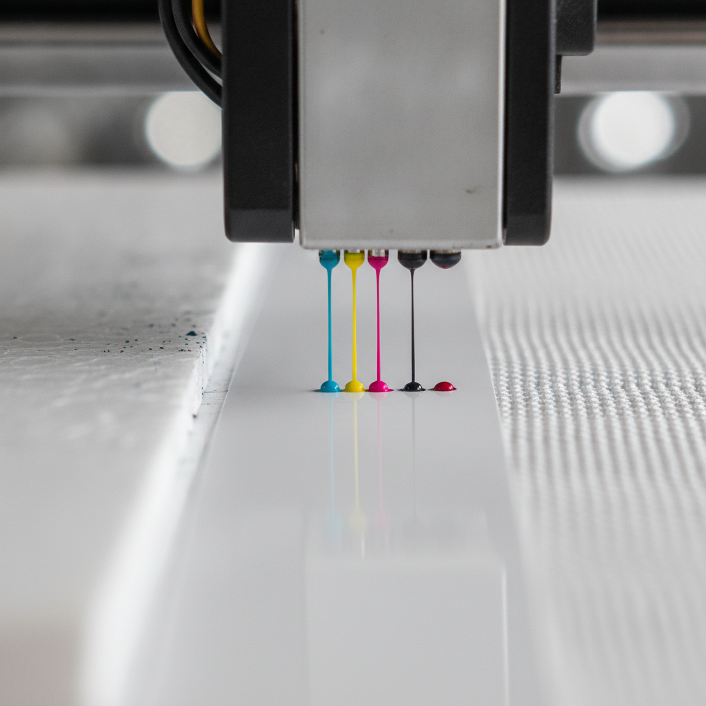 Close-up of a large format printer printhead applying CMYK ink on vinyl beside 4mm coroplast for realtor yard signs