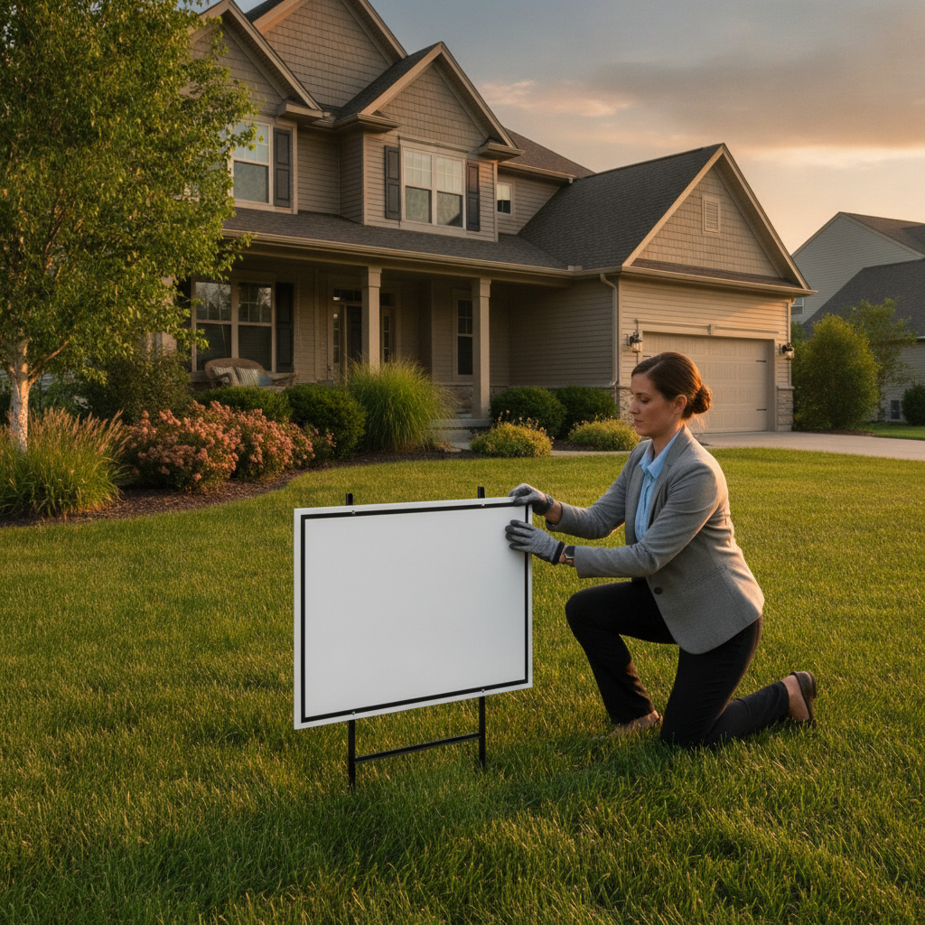 Realtor placing a blank For Sale yard sign on a metal H‑stake at a suburban home during golden hour