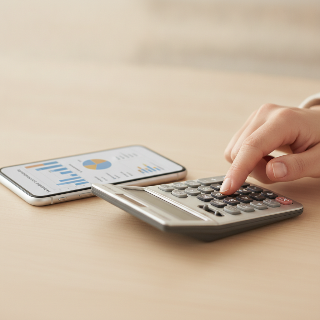 Calculator and smartphone used to compare home loans online with repayment calculator and stress testing